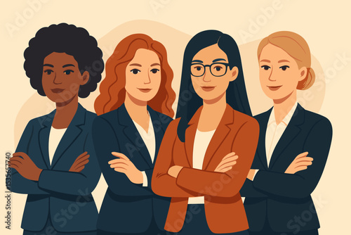 Diverse group of confident businesswomen standing together. Multi-ethnic female entrepreneurs team. Concept for women leadership, empowerment, success, and professional teamwork.