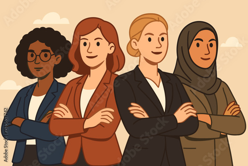 Diverse group of confident businesswomen with arms crossed. Female empowerment, leadership, and entrepreneurship concept. Multicultural team unity and sisterhood vector illustration.