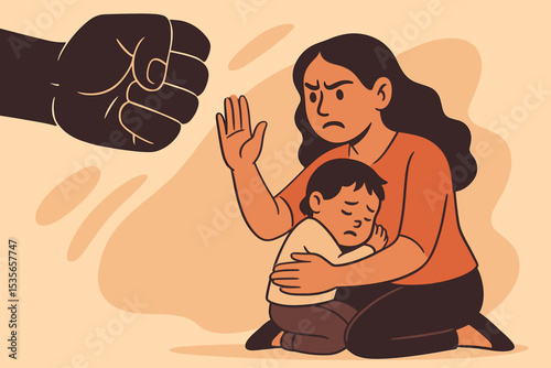 Protective mother shields her sad child from a threatening fist. Concept of stopping domestic violence and abuse. Brave woman fights for child safety. Social issue vector.
