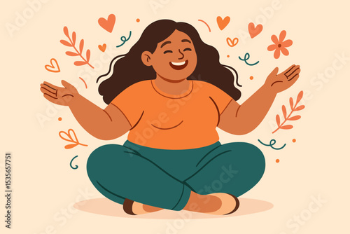 Happy plus size curvy woman embracing self love and care. Body positive concept with girl meditating for mental health, wellbeing. Mindfulness and relaxation vector illustration.