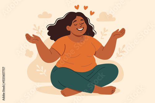Happy plus size woman practicing self-love and body positivity. Concept of mental health, wellness, and self-care. Curvy female character meditating in lotus pose. Vector illustration.