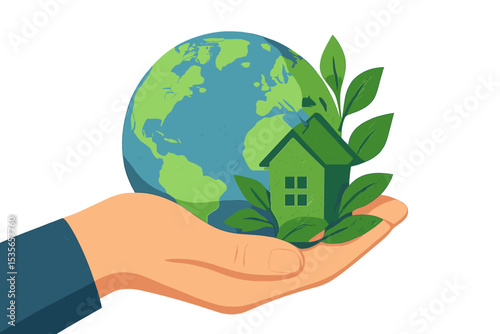 Hand holding Earth globe and green eco house with leaves. Concept of environmental protection, ecology, sustainability, save the planet, ESG, and sustainable living. Vector.