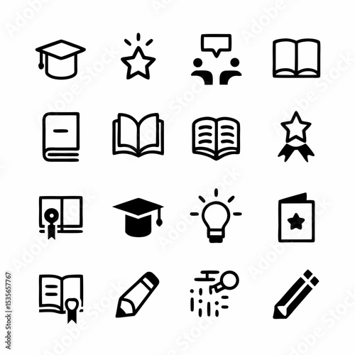 Create a vibrant, diverse set of icons representing various aspects of education and learning, including books, pencils, globes, graduation caps, and online learning symbols.