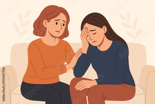 Empathy and support concept. Woman comforting her sad friend. Mental health, depression, and anxiety illustration. Friendship, compassion, and helping through difficult times.