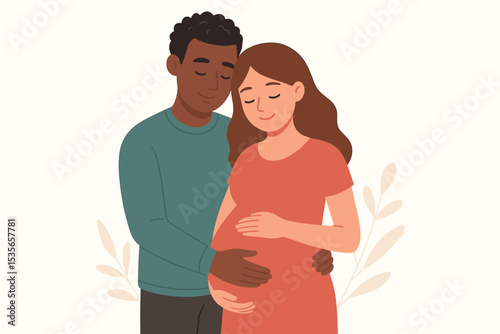 Happy multicultural couple expecting a baby. Pregnant white woman and black man hugging. Future parents embrace concept. Pregnancy, motherhood, family, and love illustration.
