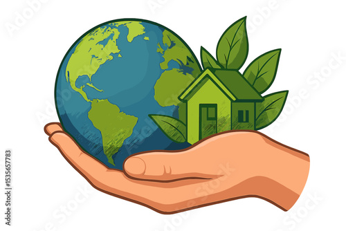Hand holding Earth planet and green eco house. Concept for Earth Day, sustainability, environment protection, conservation, ecology, green energy, save our home vector illustration.