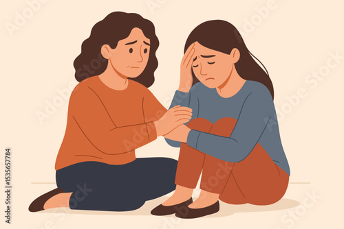 Woman comforting her sad friend. Concept of empathy, support, and compassion. Helping hand for depression, anxiety, and stress. Mental health and psychotherapy vector illustration.