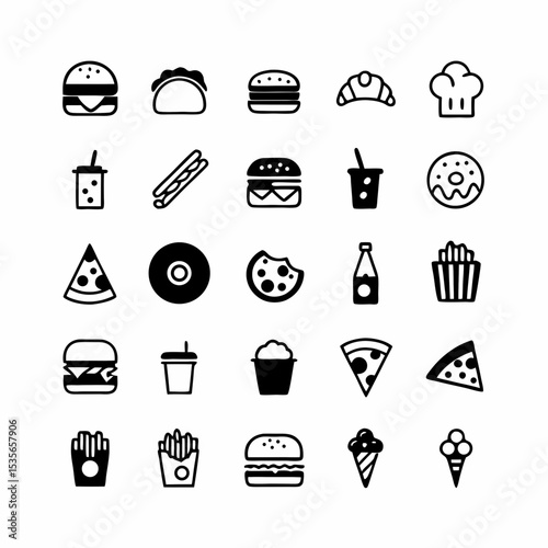 Create a vector icon pack showcasing diverse fast food items burgers, fries, pizza, soda, etc., in a clean, modern style suitable for app design.