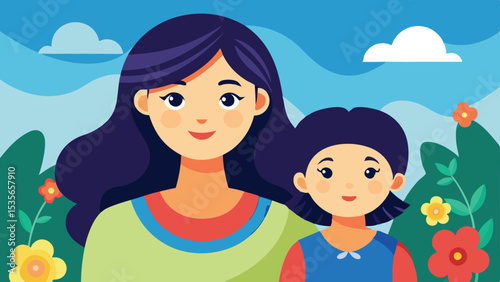 Smiling Mother and Daughter Portrait with Floral Background Illustration, Flat Vector Design