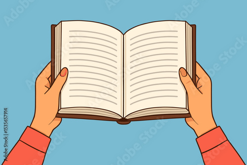 Hands holding an open book with blank pages. Concept for reading, learning, education, knowledge, and studying. Vector illustration for school, library, or literature themes.
