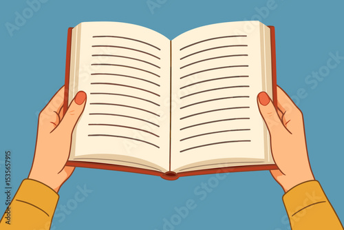 Female hands holding an open book. Concept of reading, education, knowledge, and learning. A student studying a textbook or novel. Vector illustration for literature, library, story.