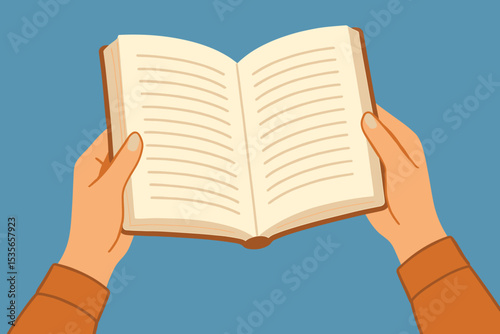 Hands holding an open book. First person view of reading. Concept of learning, education, knowledge, literature and study. Vector illustration for storytelling, library or textbook.