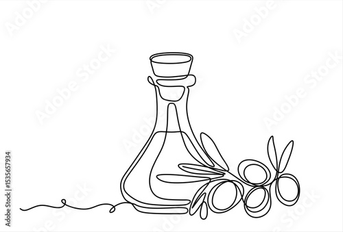 Olives in front of an olive oil bottle, one line drawing, minimalistic vector illustration on white background. Hand drawn one line vector. Editable stroke