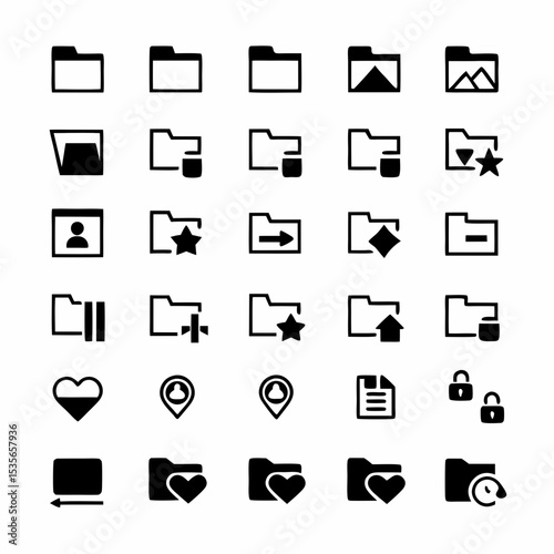 Create a clean, modern icon set depicting various file and folder management actions  creating, saving, deleting, sharing, searching, and organizing files and folders.