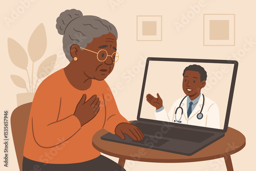 Elderly African American woman in virtual consultation with a black doctor via video call on laptop. Telemedicine and telehealth concept. Senior patient getting medical advice online.