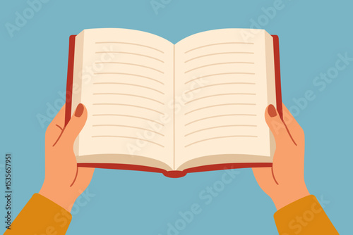 Woman's hands holding an open book with blank pages. Concept of reading, literature, education, and knowledge. Learning, studying in a library. Vector illustration with copy space.