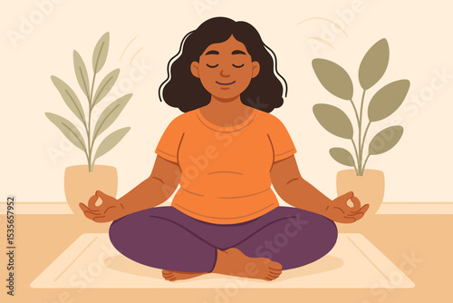 Happy woman meditating in lotus pose at home. Young female character practicing yoga for relaxation and mindfulness. Mental health, wellbeing, harmony and self-care concept.