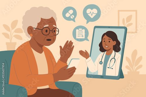 Senior black woman in a virtual health consultation with a female doctor via tablet. Telemedicine concept showing an elderly patient receiving online medical advice and remote care.