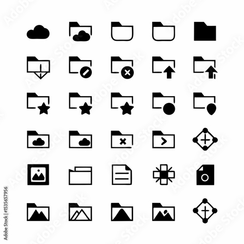 Design a sleek icon set depicting various file and folder management actions  creating, deleting, moving, sharing, searching, compressing, and archiving files and folders.
