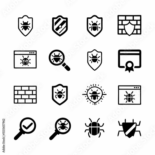 Create a clean, modern icon set depicting firewall and antivirus software.  Include shield, lock, and network symbols.