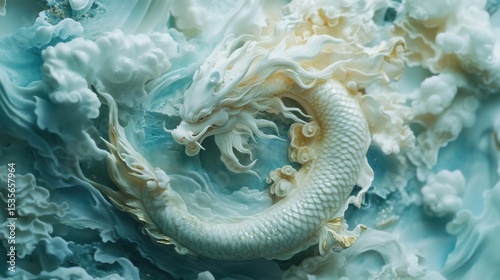 Elegant White Dragon Coiled Amidst Ethereal Clouds