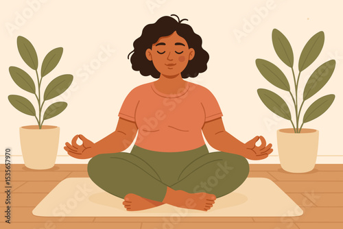 Calm woman meditating in lotus pose on a mat. Concept of mindfulness, relaxation, mental health, and well-being. Person practicing yoga for spiritual balance. Healthy lifestyle illustration.