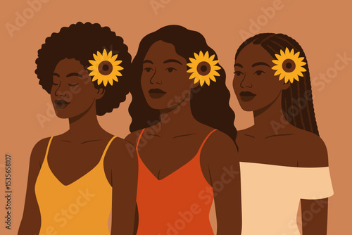 Three beautiful Black women with sunflowers in their hair. Sisterhood, friendship and unity concept. African women diversity, natural beauty and female empowerment vector.