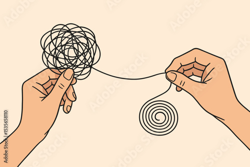 Unraveling chaos to find order. Metaphor for psychology, therapy, and coaching. Hand untangling messy thread. From confusion to clarity. Concept of problem solving and mental health.