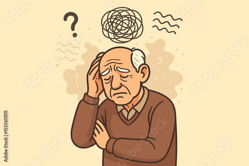 Elderly man with dementia or Alzheimer's disease. Senior person struggling with memory loss, confusion, and cognitive decline. Mental health concept with tangled thoughts vector.