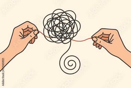Psychology and mental health concept. Hands untangling a complex knot. Metaphor for psychotherapy, coaching, and solving problems. Finding clarity from chaos, stress, anxiety relief.