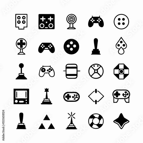 Create a clean, modern icon set featuring a game controller and joystick.  Simple, flat design, high resolution.