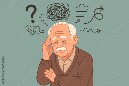 Elderly man with dementia or Alzheimer's disease. Concept for memory loss, cognitive decline, mental disorder. Confused senior with tangled thoughts, headache, anxiety. Brain health.