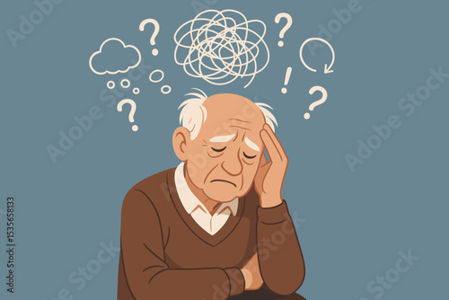 Sad elderly man suffering from memory loss and confusion. Conceptual illustration for Alzheimer's disease, dementia, brain fog, and cognitive decline. Senior with tangled thoughts.