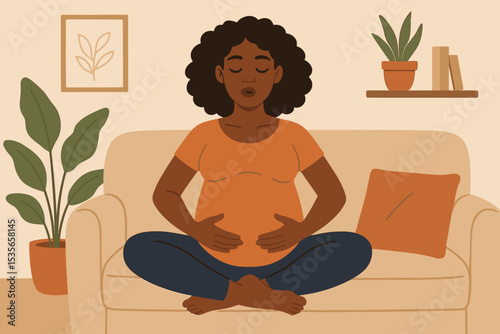 Pregnant Black woman meditating on couch. Pregnancy yoga and mindfulness for relaxation. Prenatal wellness and mental health concept. Motherhood self-care at home vector illustration.