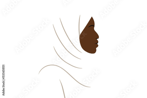 Confident Black woman in white hijab profile silhouette. Modern vector illustration. Muslim girl head. Islamic fashion. Concept for female empowerment, diversity, beauty, faith.