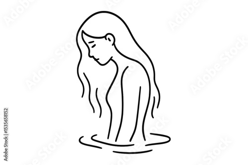 Sad woman silhouette in water line art. Minimal vector illustration of depression, loneliness, and grief. Mental health concept, sorrowful girl bathing alone. Introspection.
