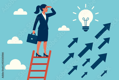 Businesswoman climbing a ladder of success. Concept of career growth, leadership, and vision. Female entrepreneur looking for future opportunities and innovative ideas for progress.