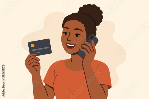 Smiling woman makes a phone order with credit card. Black female customer using mobile payment. E-commerce, online shopping, mobile banking, customer service, convenience concept.