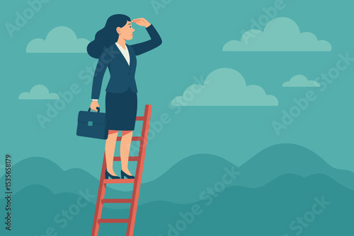 Businesswoman on career ladder looking to the future. Concept of leadership, vision, success, and ambition. Entrepreneur searching for opportunities. Corporate growth and development.
