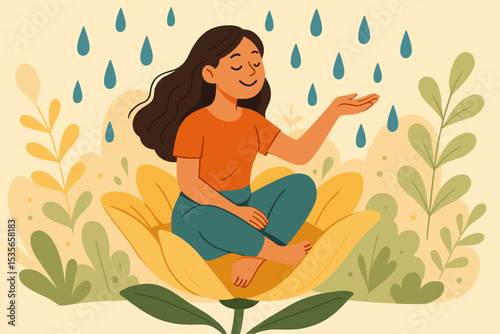 Peaceful woman meditating in a large yellow flower, enjoying the rain. Concept of mental health, self-care, mindfulness, and harmony with nature. Inner peace and serenity vector.