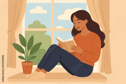 Woman reading a book on the windowsill, relaxing at home. Concept of cozy lifestyle, self-care, and mindfulness. Peaceful leisure activity and hobby for mental well-being.