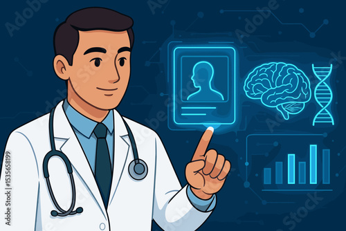 Doctor using a futuristic healthcare interface for diagnosis. Medical technology and AI concept for research, electronic health records, analyzing patient data, brain scans, and DNA.