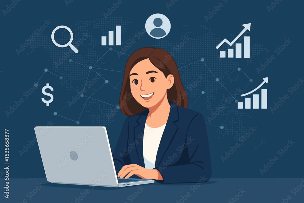 Businesswoman working on laptop analyzing financial data. Global business and technology concept with world map. Digital marketing, investment, stock analysis, charts and graphs. Businesswoman working on laptop analyzing financial data. Global business and technology concept with world map. Digital marketing, investment, stock analysis, charts and graphs.