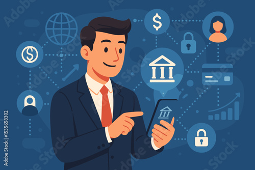 Digital banking innovation concept. Businessman managing finances with a smartphone app. Fintech technology for online payment, investment, secure transactions, and global finance.