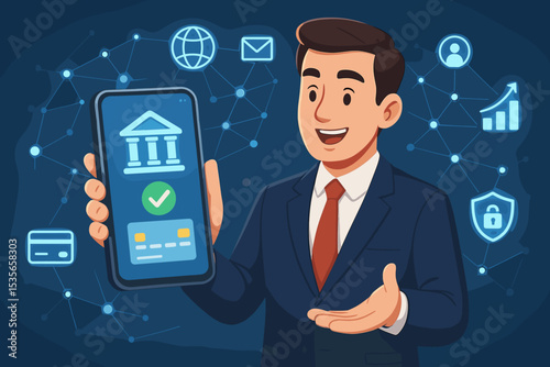 Businessman presents mobile banking app on smartphone. Fintech innovation concept for secure online payment, digital transaction, investment, and global financial technology.