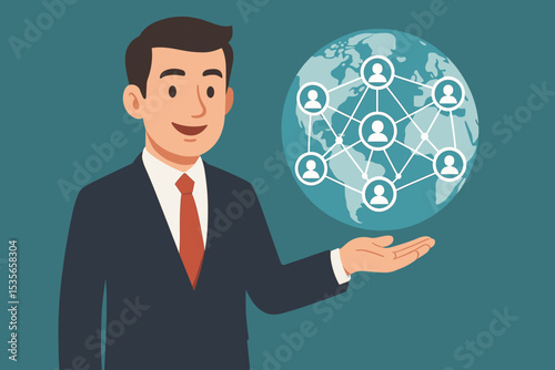 Businessman holds a globe with a network diagram. Concept of global connection, customer relationship management, teamwork, social media, and international business strategy.