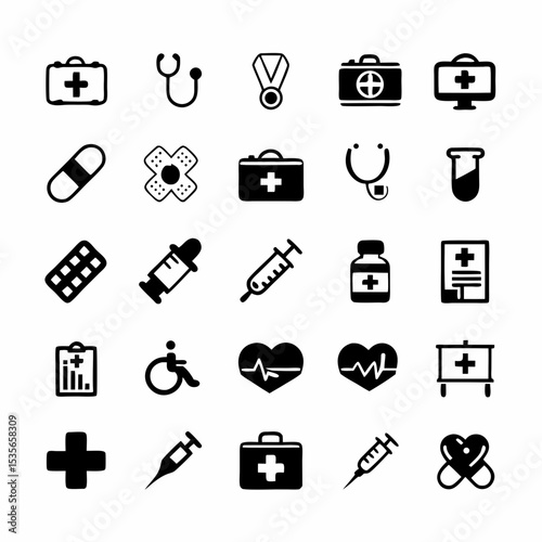 Create a set of diverse, high-quality vector icons representing various aspects of hospital and healthcare services.  Include medical equipment, staff, and building elements.