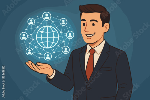Businessman holding a glowing global network of people. Concept for international business, customer relationship management, social media marketing, communication, HR, and tech. Vector.