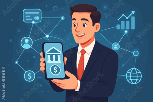 Digital banking and fintech concept. Businessman using mobile bank application on smartphone for online payment, investment. Financial technology, global network, and growth chart.