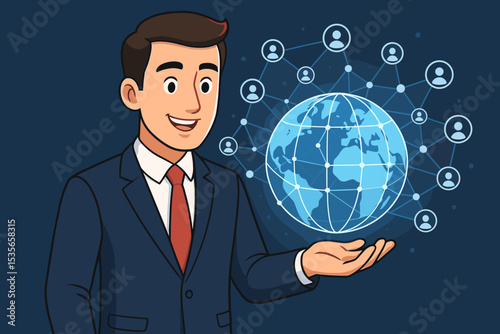 Businessman managing a global network of customer connections. Concept for worldwide business, social media marketing, internet communication, and CRM technology. Vector illustration.
